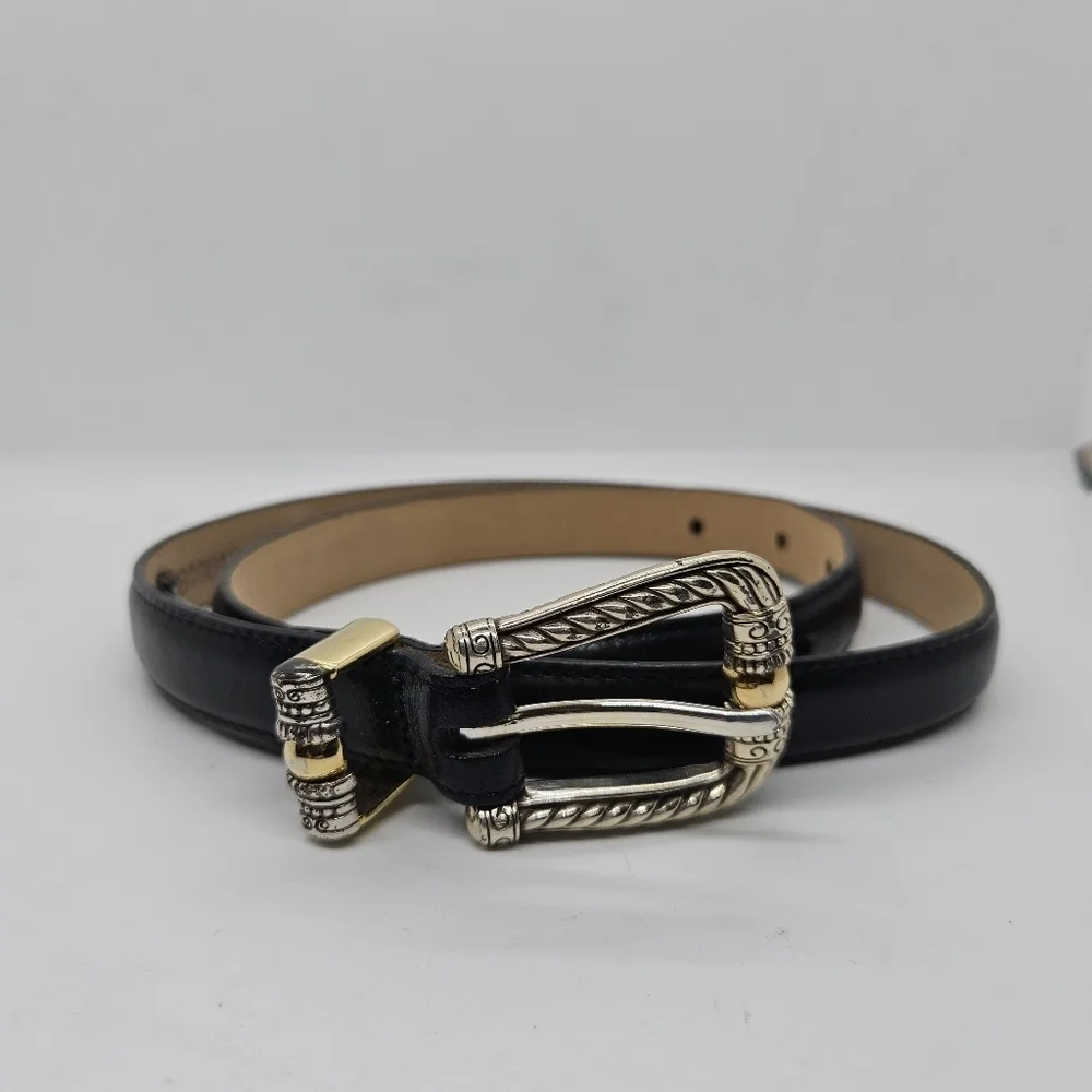 Brighton black leather belt with silver tone scrollwork buckle medium/30
